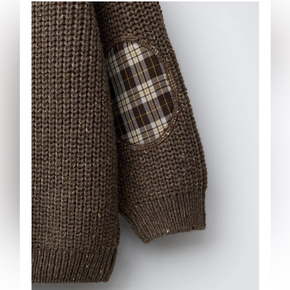 Zara Brown Knit Sweater with Plaid Elbow Patches - Picture 2 of 4